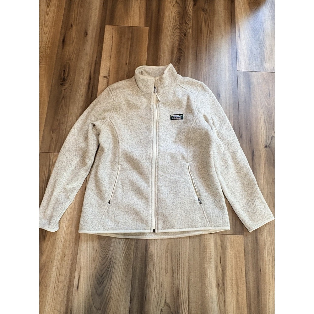 LL Bean Light Beige Fleece Jacket Coat Medium Petite Full Zip Pockets Ivory